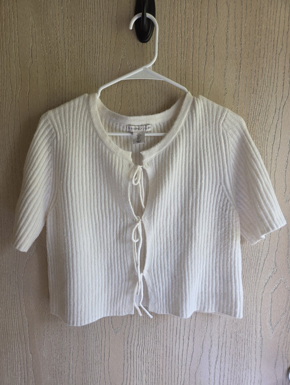 Sincerely Jules White Ribbed Tie-Front Short Sleeve Cardigan